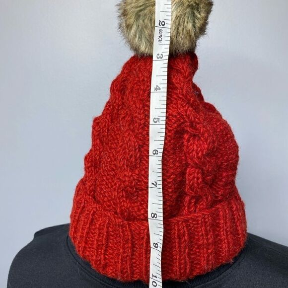 Nirvana Designs Handmade Nepal Red wool lined beanie with brown rabbit pompon - Picture 4 of 8